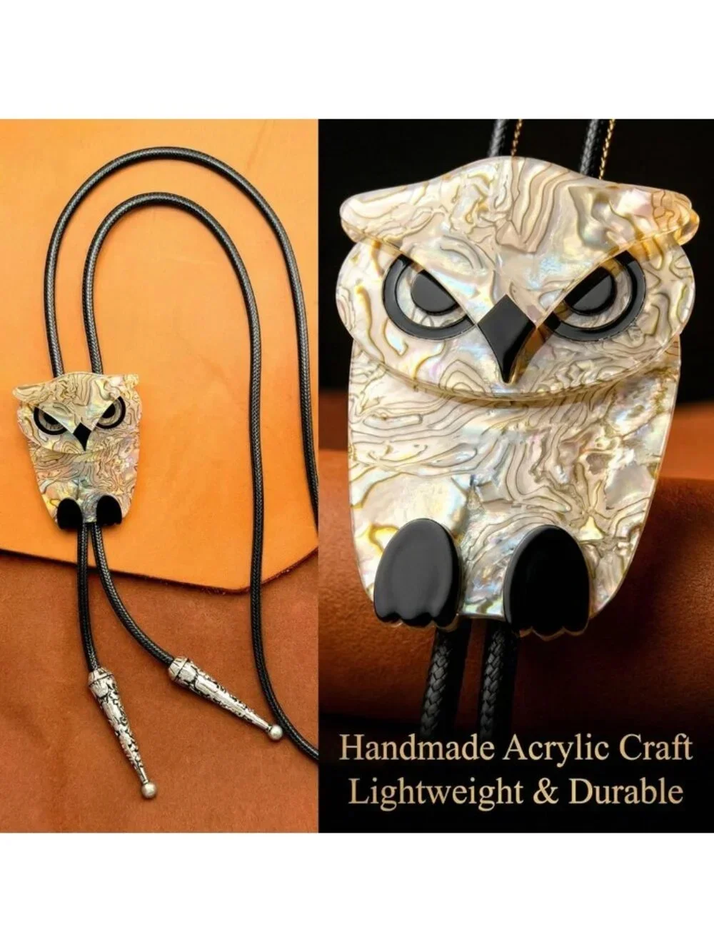 Handmade Western Bolo Tie - Unique Acrylic Animal Design, Longhorn Bull & Owl